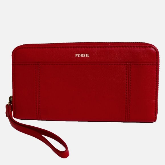 Fossil Jori RFID Leather Flap Clutch Wristlet Wallet Red - Picture 1 of 6
